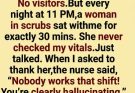 Every night at 11 PM, a woman in scrubs sat beside my hospital bed… but when nurses insisted nobody worked that shift, the note I found later changed everything.