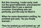 My son hit me the night before. The next morning, I served his favorite breakfast—but when he walked downstairs, he froze. Everyone who had witnessed what he’d done was sitting at my table.